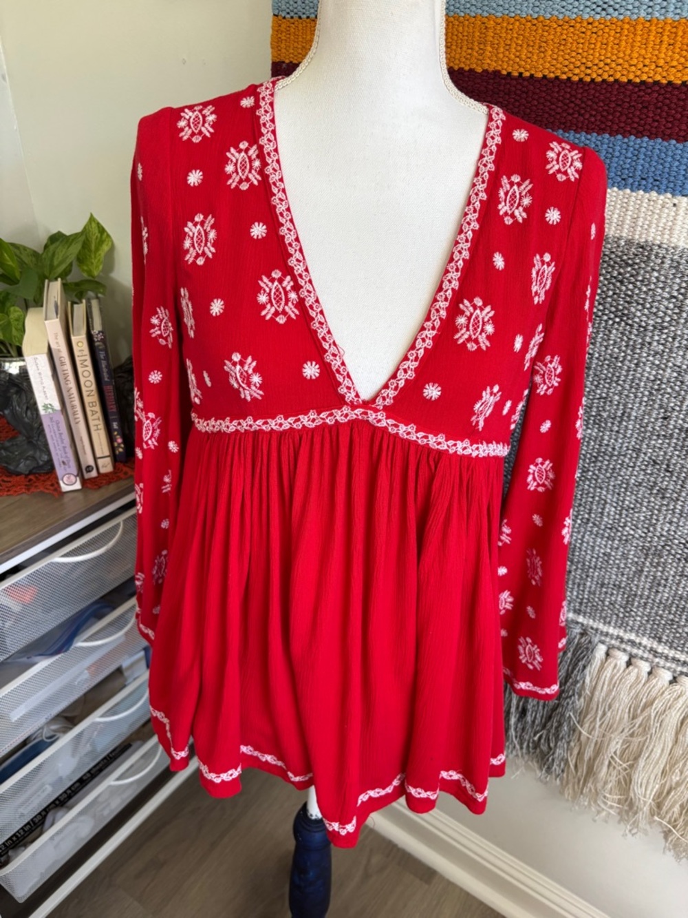 Vici Red Embroidered V-Neck Tunic Top